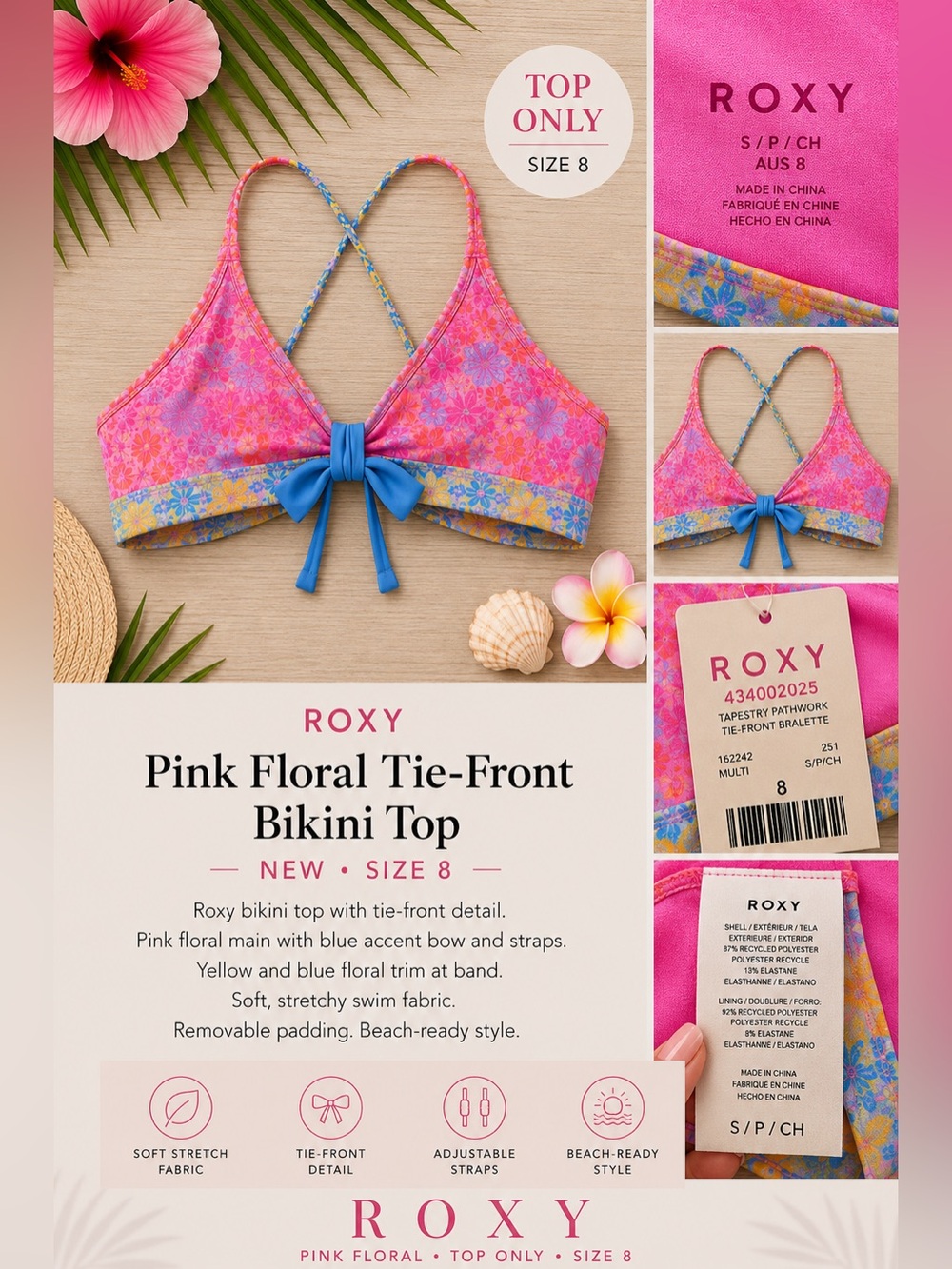 Roxy Pink Floral Tie-Front Bikini Top with Blue and Yellow Trim NEW S/8